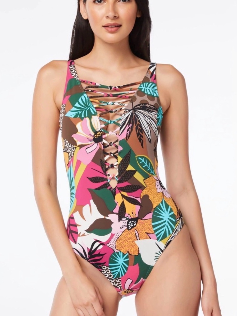 Bleu Rod Beattie Floral Lace-Up One-Piece - Pink, Green, Teal, Brown